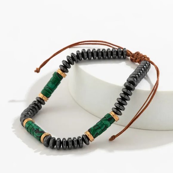 Green Malachite Natural Stone & Gray Alloy Beaded Adjustable Rope Bracelet NEW - Picture 2 of 9